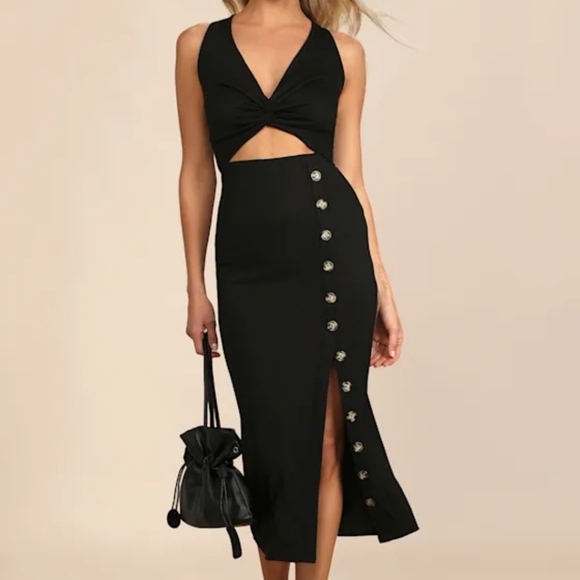 Lulus Trend Seeker Black Ribbed Twist-Front Cutout Midi Dress - Picture 1 of 2